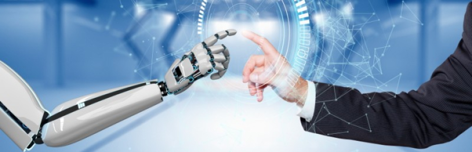 A robot hand and a human hand touch each other via the HUD display. 3d illustration.