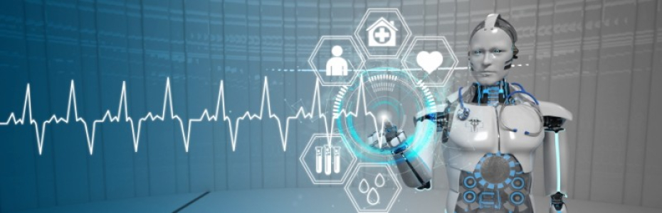 Humanoid robot clicks on the display with a ECG . 3d illustration.
