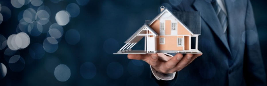 Real estate agent offer house represented by model. Wide banner composition with bokeh background.