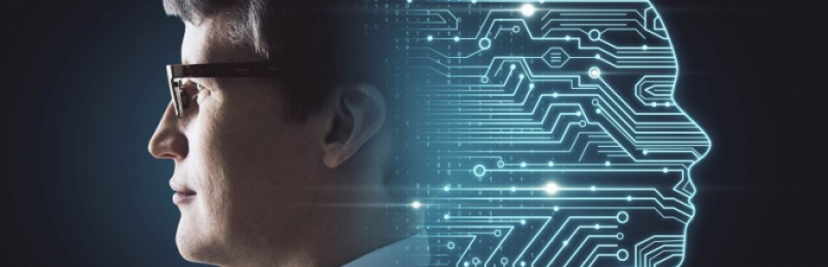 Side portrait of attractive young european businessman with digital head outline, circuit and binary code. Artificial intelligence and data concept. Double exposure