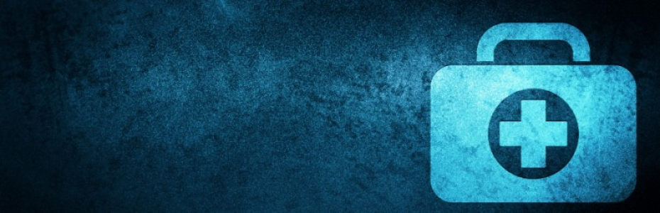First aid kit bag icon isolated on special blue banner background abstract illustration